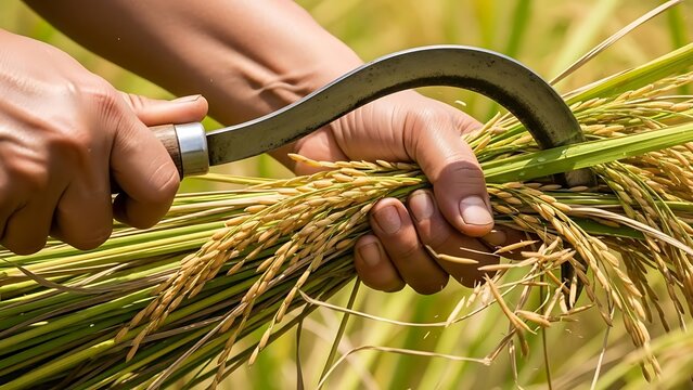 A person harvesting rice with a sickle in a sunny field