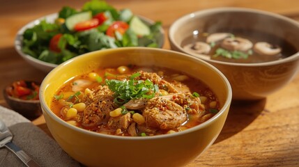Vibrant chicken stew with side salad and mushroom soup
