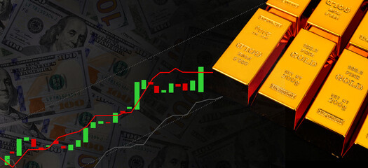 Stack Gold Bars and candlestick chart on black background ,investment and business concept