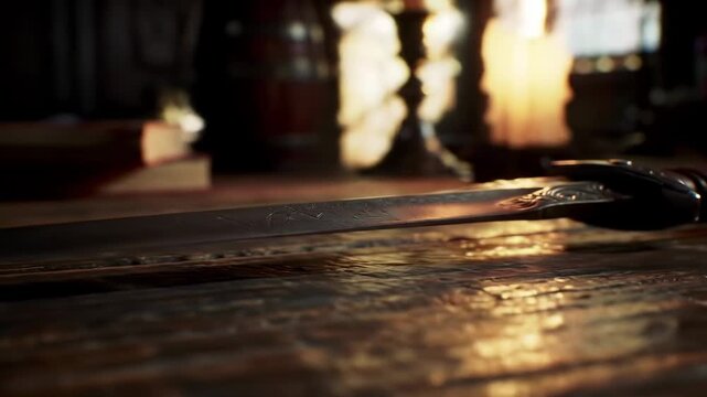 Ornate dagger on aged wood surface, illuminated by soft candlelight in a dimly lit, vintage room
