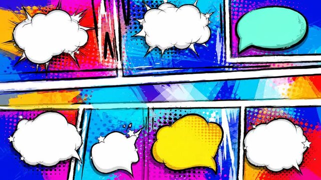 Pop-art comic book panel layout with speech bubbles and vibrant color background sections with geometric patterns