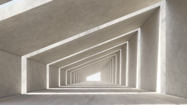 Minimal futuristic corridor with geometric frames and soft white lighting, creating depth, symmetry, and a clean architectural space for modern design concepts, 3d rendering