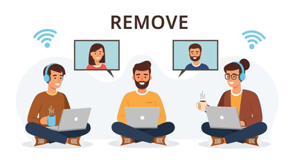 Remote Teamwork: People working on laptops with video calls connection