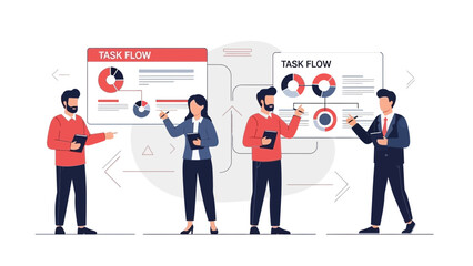 Business Team Discussing Task Flow Charts and Project Management Strategy