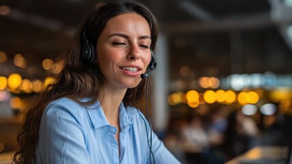 Smiling female customer service representative at work in a modern office environment providing assistance to clients with a headset on during daytime hours