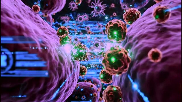 Microscopic cellular landscape showing nanoparticle interactions and membranes, nanotechnology research simulation with protein binding, vesicle transport and molecular clusters.