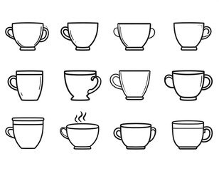 A collection of twelve simple line-art coffee cup illustrations, showcasing varied shapes and designs