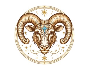 A golden, detailed depiction of a ram's head framed within a circle. It is surrounded by stars