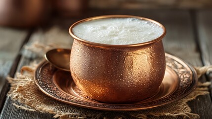 Traditional Turkish Ayran yogurt drink served cold in a textured hammered copper mug on a wooden table.