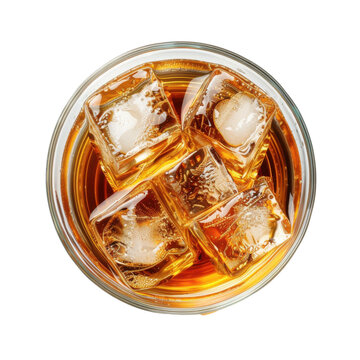 Overhead view of whiskey with ice cubes in a glass isolated on white background