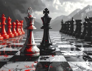 A dramatic chessboard scene with opposing kings standing strong amidst a battlefield backdrop. Mountains and stormy sky