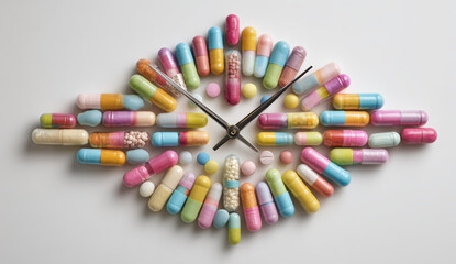 Clock made of colorful pills with black clock hands on white background symbolizing time and medicine