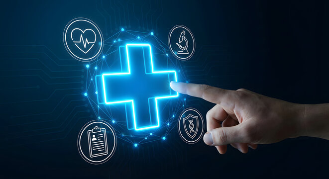 person touching glowing blue medical cross digital interface for futuristic healthcare technology innovation and virtual medical records management with medicine icons - Powered by Adobe