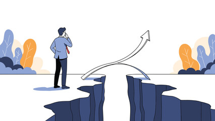 Successful business transition and overcoming obstacles concept with arrow bridging gap between cliffs for man.