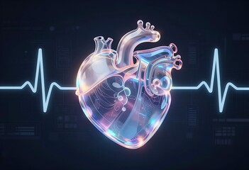 Symbolic human heart illustration with ECG waveform and AI data patterns on dark tech background, representing futuristic AI-powered heart disease diagnosis and modern digital healthcare innovation.