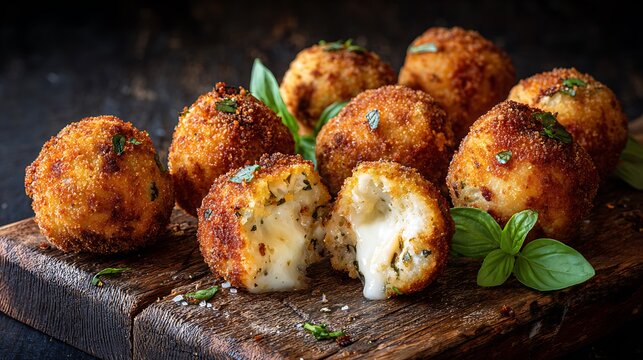 Golden fried cheese balls reveal a melted mozzarella interior served on a rustic dark wooden board.