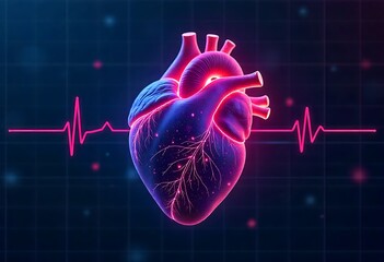 Symbolic human heart illustration with ECG waveform and AI data patterns on dark tech background, representing futuristic AI-powered heart disease diagnosis and modern digital healthcare innovation.