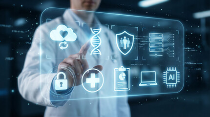 A doctor interacts with a futuristic medical interface featuring AI and data security icons, representing the fusion of technology and healthcare for innovative solutions.