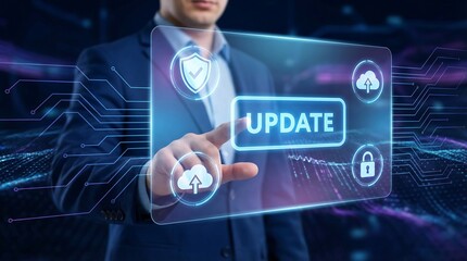 Businessman updating cloud security settings with shield and lock icons in a futuristic digital environment, symbolizing data protection and modern technology solutions