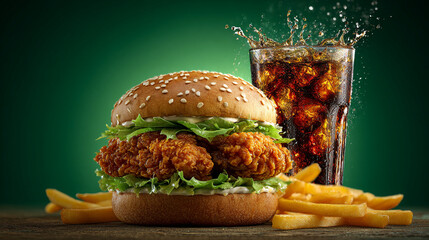 Crispy Fried Chicken Burger with Fries and Dynamic Cola Splash on a Solid Green Background.