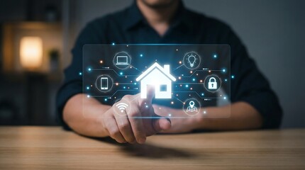 A man interacts with a futuristic smart home interface on a transparent screen, symbolizing modern living and home automation.