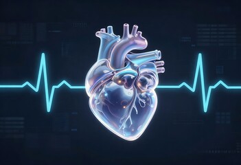 Symbolic human heart illustration with ECG waveform and AI data patterns on dark tech background, representing futuristic AI-powered heart disease diagnosis and modern digital healthcare innovation.
