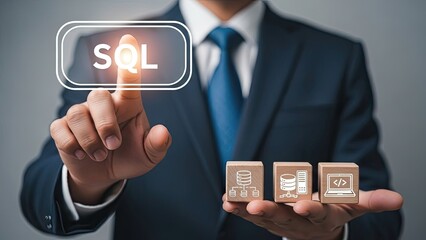 Businessman interacting with SQL database icons in modern office