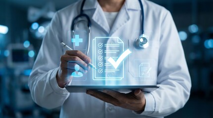 A doctor uses a digital tablet with medical icons in a modern hospital setting, symbolizing the integration of technology in healthcare for efficient patient care and data analysis.