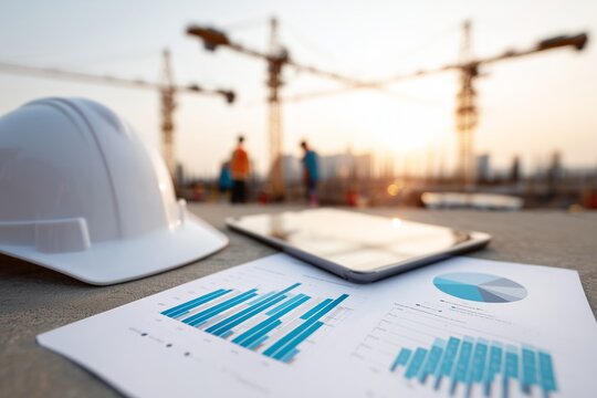 Hard hat, digital tablet, and business charts on table with construction cranes and engineers. Building success and project management concept. - Powered by Adobe