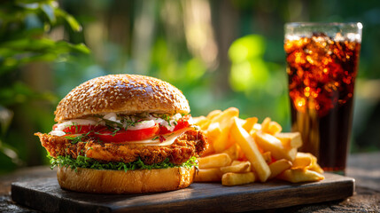 Crispy Fried Chicken Burger with Golden French Fries and a Cold Cola on a Wooden Board.