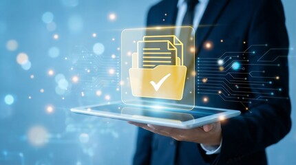 A businessman presents a secure digital document on a tablet, symbolizing innovation and data protection in a modern office setting.