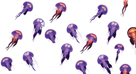Glowing purple jellyfish illustration set with floating marine creatures in fantasy underwater cartoon style © Sumon Creative
