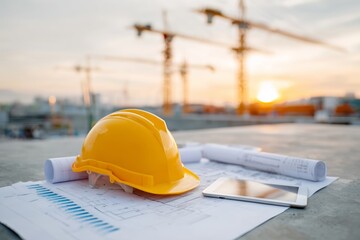 Yellow hard hat with blueprints and tablet on a construction site at sunset. Engineering and architecture planning background for building development.
