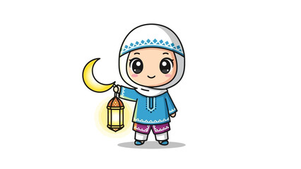cute cartoon muslim kid with lantern and crescent moon