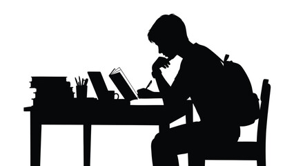 Silhouette of a focused student wearing a backpack diligently writing notes in a book while studying at a desk surrounded by academic materials for late night learning sessions