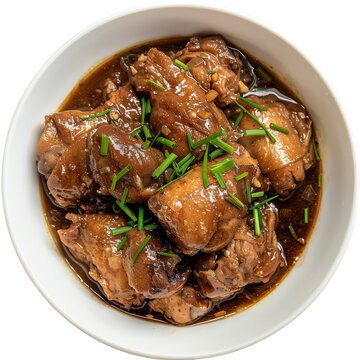 Delicious chicken adobo with fresh chives in a white bowl, top view isolated on white background