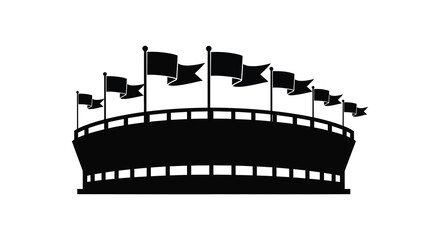 a black silhouette of a stadium with many flags waving silhouette high quality © nhpvect02