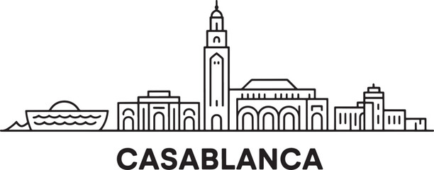 Obraz premium Casablanca Morocco city skyline outline with Hassan II mosque and port, travel landmark vector