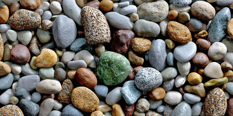 A gravel path, viewed from above, decorated with various pebbles. The fine texture includes different shapes and colors.