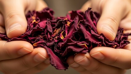 Warm hands gently holding a handful of fragrant, deep red dried rose petals
