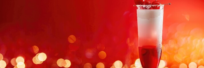 A cocktail glass filled with a layered drink, featuring red and white colors. The background is blurred with warm bokeh lights, copy space, free space for text