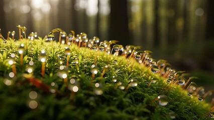 Morning dew drops glistening on vibrant green moss in a serene forest setting