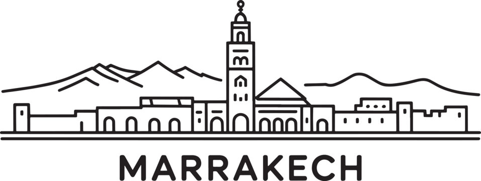 Marrakech city skyline line art moroccan architecture famous minaret travel vector