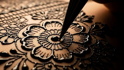 Creating an intricate floral mehndi design with precision using a traditional henna cone
