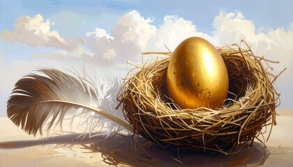 A golden egg nestling in a woven nest, with a feather on sand under a cloudy sky. The lighting creates shine