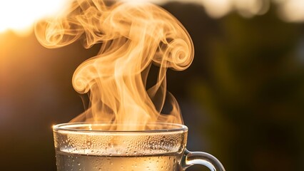 Golden steam rising from a clear glass cup of hot water illuminated by warm morning light
