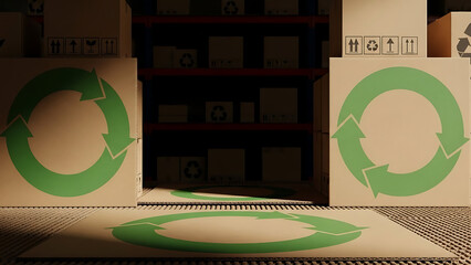 Cardboard boxes with green recycling symbol in warehouse storage area with dim lighting - Ai Generated