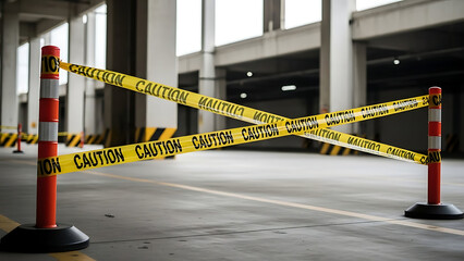 Caution tape blocks off parking garage entrance with orange and white poles - Ai Generated