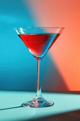 A vibrant cocktail in a martini glass with a red drink and clear liquid. The background features contrasting blue and orange colors