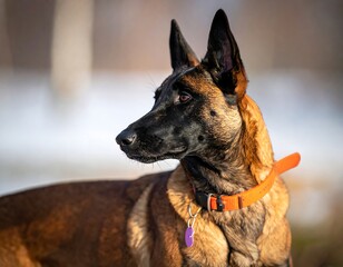 A focused, medium-shot portrait captures a dog with pointed ears and a keen gaze, wearing an orange collar. The blurred background suggests a natural outdoor setting
